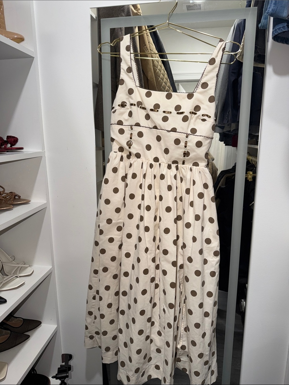 Jacqui E Cream Midi Dress with Brown Polka Dots